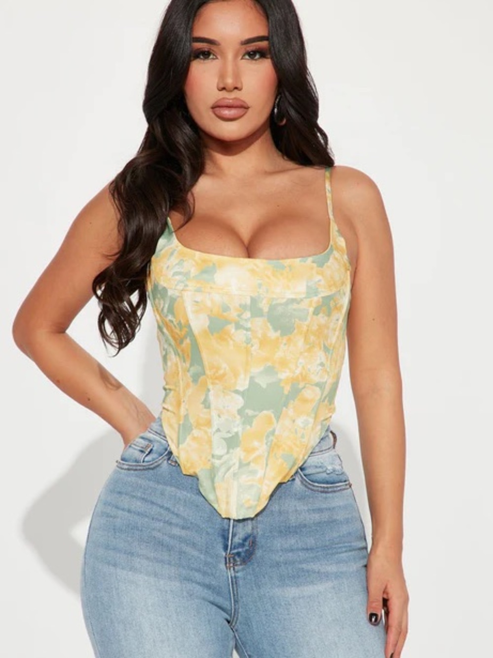 💎NWT Fashion Nova Yellow & Sage Floral Satin Pointed-Hem Cami